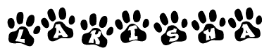 The image shows a series of animal paw prints arranged in a horizontal line. Each paw print contains a letter, and together they spell out the word Lakisha.