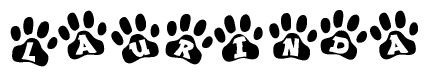 The image shows a series of animal paw prints arranged horizontally. Within each paw print, there's a letter; together they spell Laurinda
