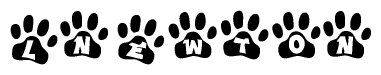 The image shows a series of animal paw prints arranged horizontally. Within each paw print, there's a letter; together they spell Lnewton