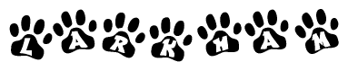 The image shows a series of animal paw prints arranged in a horizontal line. Each paw print contains a letter, and together they spell out the word Larkham.