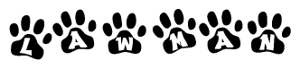 The image shows a series of animal paw prints arranged horizontally. Within each paw print, there's a letter; together they spell Lawman