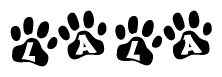 The image shows a series of animal paw prints arranged horizontally. Within each paw print, there's a letter; together they spell Lala