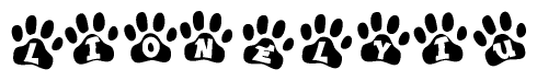 The image shows a series of animal paw prints arranged horizontally. Within each paw print, there's a letter; together they spell Lionelyiu