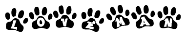 The image shows a series of animal paw prints arranged in a horizontal line. Each paw print contains a letter, and together they spell out the word Loveman.