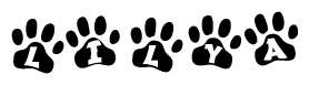 The image shows a row of animal paw prints, each containing a letter. The letters spell out the word Lilya within the paw prints.