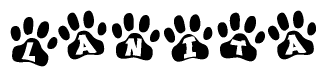 The image shows a row of animal paw prints, each containing a letter. The letters spell out the word Lanita within the paw prints.