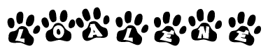 The image shows a row of animal paw prints, each containing a letter. The letters spell out the word Loalene within the paw prints.