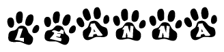 The image shows a series of animal paw prints arranged horizontally. Within each paw print, there's a letter; together they spell Leanna