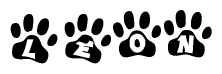 The image shows a series of animal paw prints arranged in a horizontal line. Each paw print contains a letter, and together they spell out the word Leon.