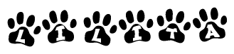 The image shows a row of animal paw prints, each containing a letter. The letters spell out the word Lilita within the paw prints.
