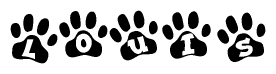 The image shows a row of animal paw prints, each containing a letter. The letters spell out the word Louis within the paw prints.