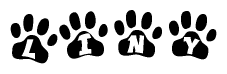 The image shows a row of animal paw prints, each containing a letter. The letters spell out the word Liny within the paw prints.