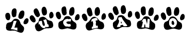 The image shows a row of animal paw prints, each containing a letter. The letters spell out the word Luciano within the paw prints.
