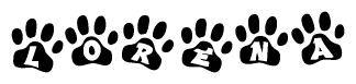 The image shows a row of animal paw prints, each containing a letter. The letters spell out the word Lorena within the paw prints.
