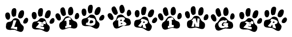 The image shows a series of animal paw prints arranged horizontally. Within each paw print, there's a letter; together they spell Leidbringer