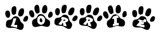 The image shows a row of animal paw prints, each containing a letter. The letters spell out the word Lorrie within the paw prints.