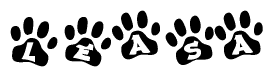 The image shows a series of animal paw prints arranged in a horizontal line. Each paw print contains a letter, and together they spell out the word Leasa.