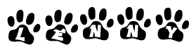 The image shows a series of animal paw prints arranged in a horizontal line. Each paw print contains a letter, and together they spell out the word Lenny.