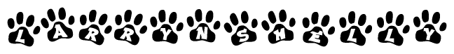 The image shows a series of animal paw prints arranged in a horizontal line. Each paw print contains a letter, and together they spell out the word Larrynshelly.