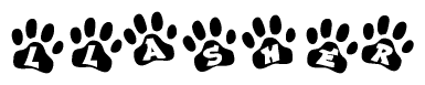 The image shows a series of animal paw prints arranged horizontally. Within each paw print, there's a letter; together they spell Llasher
