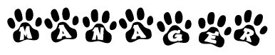 The image shows a row of animal paw prints, each containing a letter. The letters spell out the word Manager within the paw prints.