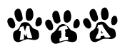 The image shows a series of animal paw prints arranged horizontally. Within each paw print, there's a letter; together they spell Mia