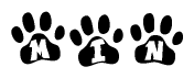 The image shows a series of animal paw prints arranged in a horizontal line. Each paw print contains a letter, and together they spell out the word Min.