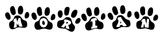 The image shows a row of animal paw prints, each containing a letter. The letters spell out the word Morian within the paw prints.