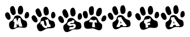 The image shows a series of animal paw prints arranged in a horizontal line. Each paw print contains a letter, and together they spell out the word Mustafa.