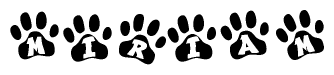 The image shows a series of animal paw prints arranged in a horizontal line. Each paw print contains a letter, and together they spell out the word Miriam.