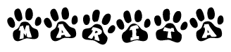 The image shows a series of animal paw prints arranged horizontally. Within each paw print, there's a letter; together they spell Marita