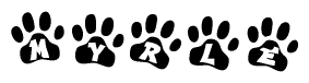 The image shows a series of animal paw prints arranged in a horizontal line. Each paw print contains a letter, and together they spell out the word Myrle.