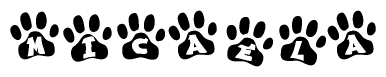 The image shows a row of animal paw prints, each containing a letter. The letters spell out the word Micaela within the paw prints.
