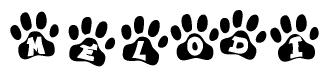 The image shows a series of animal paw prints arranged in a horizontal line. Each paw print contains a letter, and together they spell out the word Melodi.