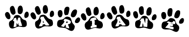 The image shows a row of animal paw prints, each containing a letter. The letters spell out the word Mariane within the paw prints.
