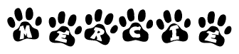 The image shows a series of animal paw prints arranged in a horizontal line. Each paw print contains a letter, and together they spell out the word Mercie.