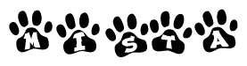 The image shows a row of animal paw prints, each containing a letter. The letters spell out the word Mista within the paw prints.