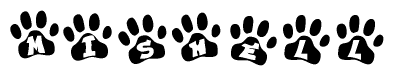 The image shows a series of animal paw prints arranged in a horizontal line. Each paw print contains a letter, and together they spell out the word Mishell.