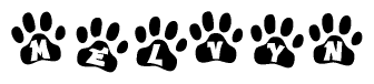 The image shows a row of animal paw prints, each containing a letter. The letters spell out the word Melvyn within the paw prints.