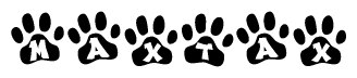 The image shows a series of animal paw prints arranged in a horizontal line. Each paw print contains a letter, and together they spell out the word Maxtax.