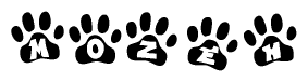 The image shows a series of animal paw prints arranged in a horizontal line. Each paw print contains a letter, and together they spell out the word Mozeh.
