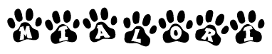 The image shows a row of animal paw prints, each containing a letter. The letters spell out the word Mialori within the paw prints.