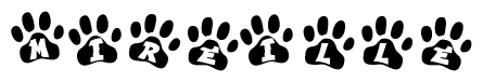 The image shows a series of animal paw prints arranged horizontally. Within each paw print, there's a letter; together they spell Mireille