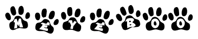 The image shows a series of animal paw prints arranged in a horizontal line. Each paw print contains a letter, and together they spell out the word Meyeboo.