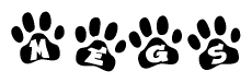 The image shows a row of animal paw prints, each containing a letter. The letters spell out the word Megs within the paw prints.
