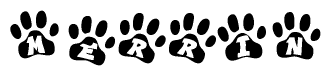 The image shows a row of animal paw prints, each containing a letter. The letters spell out the word Merrin within the paw prints.