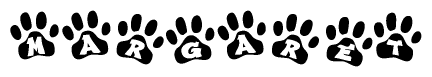The image shows a row of animal paw prints, each containing a letter. The letters spell out the word Margaret within the paw prints.
