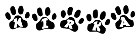 The image shows a series of animal paw prints arranged horizontally. Within each paw print, there's a letter; together they spell Mirka