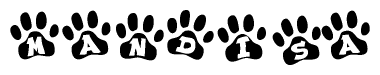   The image shows a series of animal paw prints arranged in a horizontal line. Each paw print contains a letter, and together they spell out the word Mandisa. 