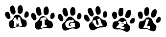 The image shows a series of animal paw prints arranged horizontally. Within each paw print, there's a letter; together they spell Miguel